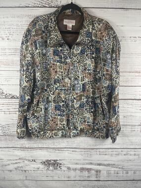 Rhoda Lynne Jacket Women's XL Multicolor Silk Geometric Print Zip Bomber Lined
